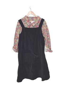 McVerdi Black Cotton Corduroy Pinafore Dress-Relaxed A-Line Overall With Pockets